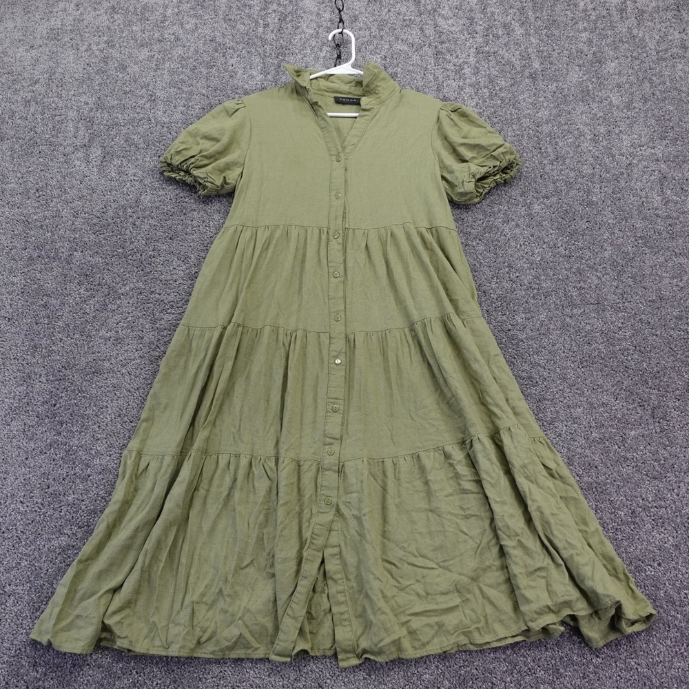 Tahari Midi Dress Womens Small Green Short Puff Sleeve Linen Blend Button Front